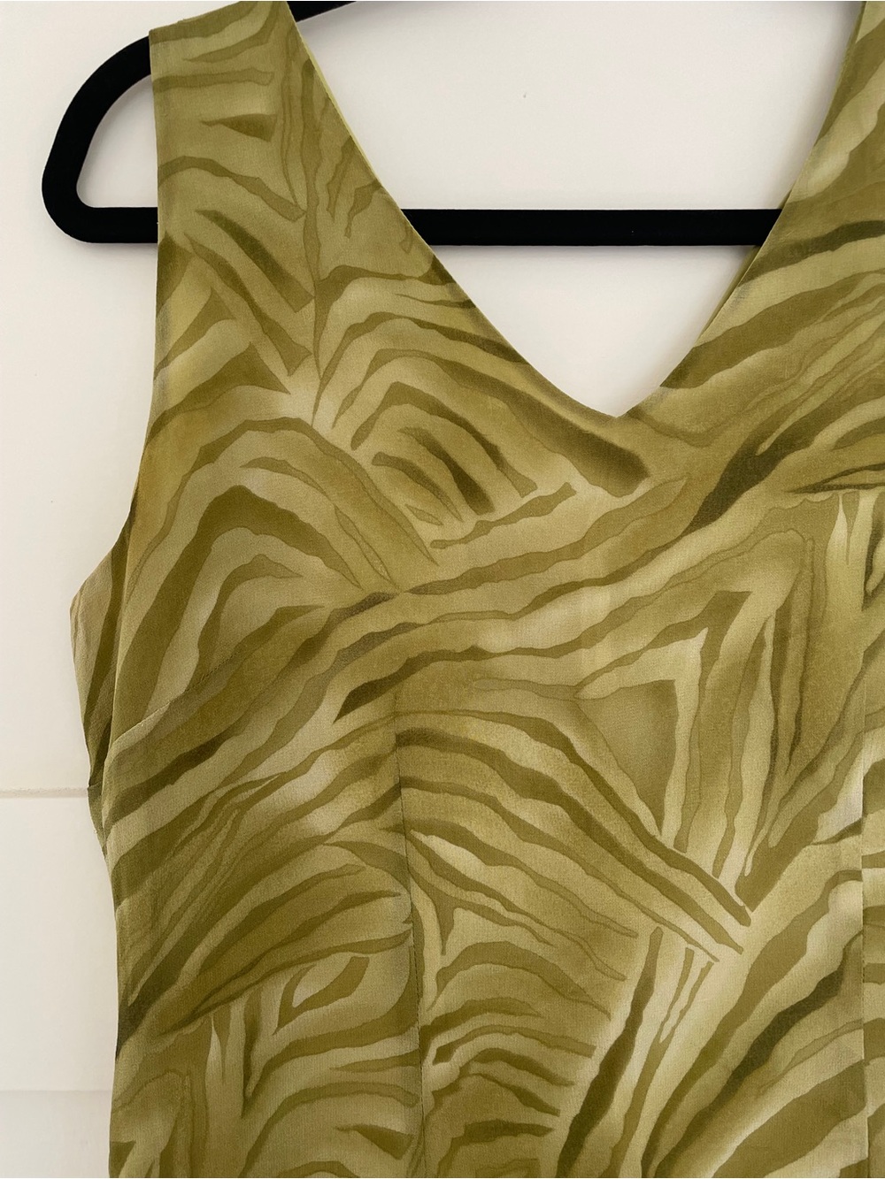 Vintage Silk Abstract Zebra Print Dark Lime Green Chartreuse Midi Dress 90s - Picture 2 of 8